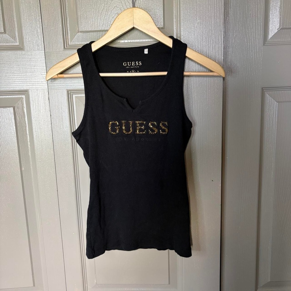 Guess Black Ribbed Tank Top Gold Beaded Logo Notched V-Neck Y2K Women Size M